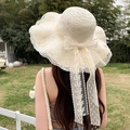 Creamy white straw sun hat with large lace bow and scalloped edges for summer beach vacation - Polka Dot Milk White