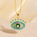 Collier œil de protection avec centre vert et zircons colorés sur chaîne dorée - Style Émail Bleu Ciel Zircone Multicolore (BXL0342-27)