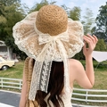 Natural straw sun hat with white lace bow and wide brim for summer beach vacations - Polagai Net Khaki