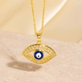 Collier avec pendentif œil maléfique doré et zircon bleu sur pierre beige - Style Mauvais Œil Bleu Blanc à Cils Ajourés (BXL0342-33)
