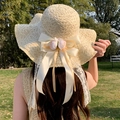 Women's summer straw sun hat in beige with delicate lace, pink flowers and a large bow - Bora Artificial Flower Beige