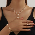 Golden bridal jewelry set featuring white pearls and marquise rhinestones on a leaf motif - 3-Piece Set(GT25274) / Gold