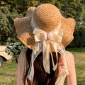 Sweet straw sun hat with creamy bow and pink floral detail for summer beach vacations - Polka Dolls Khaki