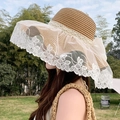 Women's wide brim straw sun hat with white lace embroidery and large silk bow - Wedding Dress Khaki