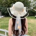 Beige wide brim straw sun hat with black mesh trim and large white organza bow - Wavy Eight-flower Milk White