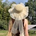 Beige straw sun hat with organza ruffle edge, pearls and long ribbon bow for women - Mesh Cover Pearl Beige