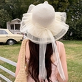 Cream bow straw hat with lace ruffled brim and pearl accents for beach vacation - Pearl Milk White Cover