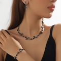 Elegant black jewelry set with floral necklace, bracelet and earrings for women banquet - 3-Piece Set(GT25254) / Gunmetal