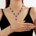 Elegant gold-tone bridal jewelry set with navy blue floral crystals and white rhinestones - 3-Piece Set(GT25266) / Gold Blue