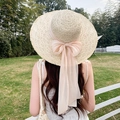 Women's beige wide brim straw sun hat with light pink bow ribbon detail - Big Streamer Ribbon Mika