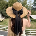 Straw sun hat with wide brim and large black chiffon bow for summer beach vacation wear - Big Streamer Ribbon Card Black