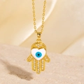 Collier Main de Fatma dorée avec cœur mauvais œil et cristaux de zircon brillants - Style Main de Fatma Œil Bleu Cœur Doré (BXL0342-60)