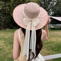 Pink straw sun hat with large white chiffon bow and frayed edge in a summer vacation style - Big Streamer Ribbon Rice