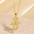Collier main de Fatma dorée avec zircons blancs et perle d'œil maléfique bleu - Style Doré Main de Fatma Œil Bleu Ajouré (BXL0342-64)