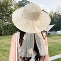 Beige straw sun hat with large mesh bow and pink floral pearl details for summer vacation - Large Eight Flowers Beige