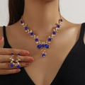 Golden bridal jewelry set with navy blue rhinestones and crystal leaf accents - 2-Piece Set(GT25268) / Gold Blue