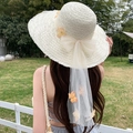 Women's beige wide-brim straw sun hat featuring yellow mesh bow and delicate flowers - Latte Flower Milk White