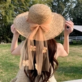 Women's wide brim straw sun hat with large pink organza bow for beach vacation wear - Large La Baccarat Khaki