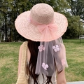 Pink straw sun hat with floral mesh bow and streamers for summer beach vacation - Large La Blanche Pink