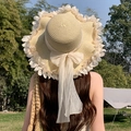 Beige wide brim straw sun hat with large chiffon bow and delicate lace trim detail - Petal Ribbon Beige