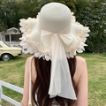 Cream bow straw sun hat with organza petal brim for women beach vacation wear - Petal Ribbons Milky White
