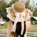 Light brown straw sun hat with large cream bow and white organza petal brim - Petal Ribbon Khaki