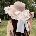 Pink wide brim straw sun hat with white chiffon trim and large mesh bow for beach - Pink Petal Ribbons