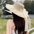 Beige summer straw sun hat for women featuring a large lace bow and elegant organza brim - Large Mesh with Butterfly Beige