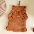 Cute brown Capybara hanging hand towel made of soft coral fleece for kitchen and bathroom - Touching Face Style