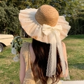 Straw sun hat with wide lace brim and large ribbon bow in light brown and cream - Large Net With Butterfly Khaki
