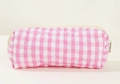 Pink and white gingham quilted cotton storage bag with beige zipper for stationery or cosmetics - Pink Grid