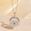 Collier oeil du diable argenté avec zircons colorés et pupille bleue sur pierre - Style Argenté Œil Bleu Pavé de Zircone Multicolore (BXL0342-86)