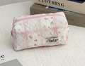 Quilted floral makeup bag with pink bows and zipper, white cotton travel pouch - Pink Plaid