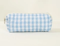 Quilted cotton pencil case with blue and white gingham pattern and top zipper closure - Blue Plaid