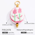 White ceramic round pendant with pink tulips and gold stainless steel hanger for DIY jewelry - Pink Tulip Ceramic Bead Style (PJ91247B) / 2 Pcs/Set