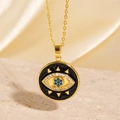 Collier mauvais œil doré avec émail noir et pierres en zircone cubique colorées - Style Disque Doré Fond Noir Pavé de Zircone (BXL0342-107)