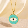Collier doré avec pendentif œil protecteur en émail turquoise et zircon vert brillant - Style à Cils Radiaux en Émail Vert Menthe (BXL0342-109)