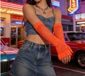 Neon orange fishnet fingerless gloves with rhinestones for rave and party wear - Fingerless Rhinestone / Bright Orange