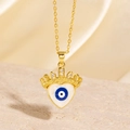 Collier cœur doré avec pendentif œil bleu maléfique et détail couronne en zircon - Style Œil Bleu Émail Blanc Couronne Dorée (BXL0342-119)