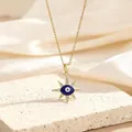 Collier étoile Mauvais Œil doré avec émail bleu et zircons sur support en pierre - Style Étoile à Huit Branches Dorée Pavé de Zircone (BXL0342-146)