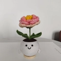 Handmade crochet pink flower in a white smiley face pot with green leaves and wood base - Peony