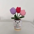 Handmade crochet tulip flower pot with cute smiley face and mini message card - Three-head Tulip Flower