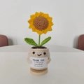 Handmade crochet sunflower in beige pot with thank you card and wooden base stand - Sunflower (No Base)
