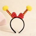 Detail of ladybug headband with red polka dot bow and yellow pom-pom spring feelers - Red Polka Dot Bowtie + Yellow Ball & Red-Yellow Striped Antenna