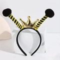 Detail of bee headband with yellow striped feelers, black pom-poms and a small gold crown - Gold Crown + Black Ball & Black-Yellow Striped Antenna