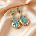 Boucles d'oreilles vintage en or avec incrustation de nacre sur soie champagne - Bleu et vert irisé