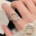 Silver adjustable heart-shaped zirconia ring featuring sparkling pavé crystals - Open Adjustable / Heart Zirconia Ring