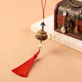 Green Sandalwood pendant with Shou symbol, blue enamel decor, and red silk tassel - As You Wish Style (36) / Approx. 2.8*2.9cm / Without Scent Beads