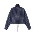 Details der dunkelblauen Polka-Dot-Jacke mit Stehkragen und verstellbarem Kordelzug am Saum - XS / Oberteile / Marineblau
