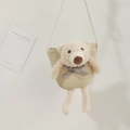 Detailed view of handmade straw bag featuring a plush bear and checked bowtie - Beige (Bear with Blue Bow)
